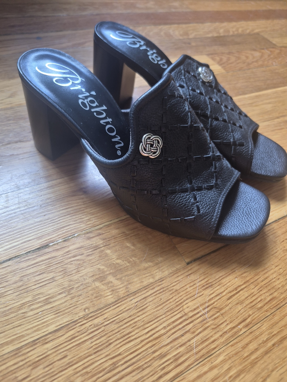 Brighton Black Woven Leather Slip-On Block Heel Mules